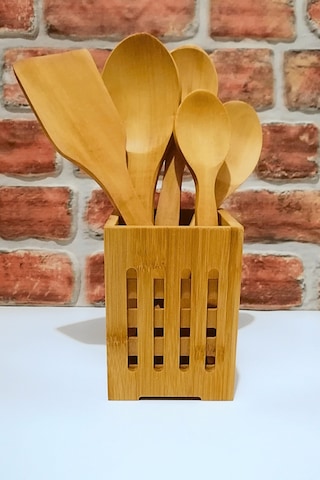 Kare Bambu Standlı - Ahşap Kaşık Spatula Servis Seti -6 Parça