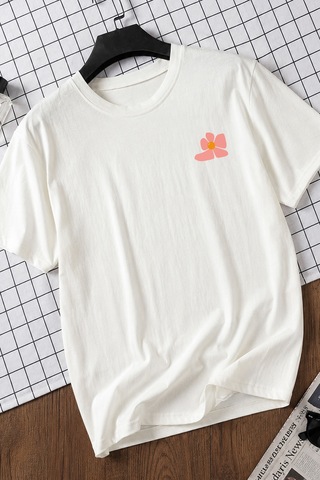 Spoyi Pastel Çiçekler Tasarımlı %100 Pamuk Yarım Oversize Beyaz T-shirt