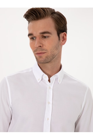 Cacharel Beyaz Slim Fit %100 Pamuk Yakası Düğmeli Oxford Gömlek 15841036