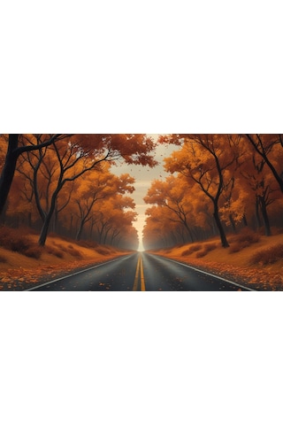 Doğa Ve Manzara Yatay Sonbahar Ağaçlarının Arasında Ufka Doğru Uzanan Yalnız Yol 01 Çerçevesiz 90x60cm Pvc Tablo