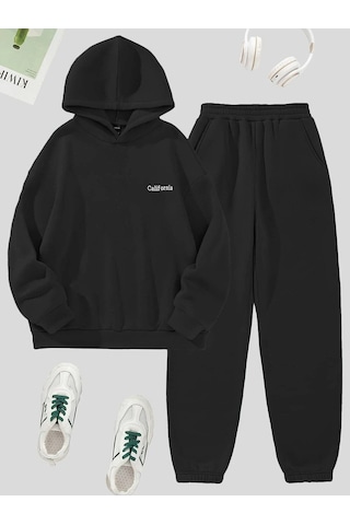 California Minimal Yazı Eşofman Takımı Sweatshirt Jogger - Siyah Baskılı Oversize Şardonlu Kapüşonl Siyah