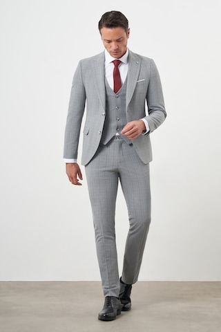 Morven Erkek Gri Poliviskon Trend Yelekli Ekoseli Slim Fit Sivri Yaka Takım Elbise Gri