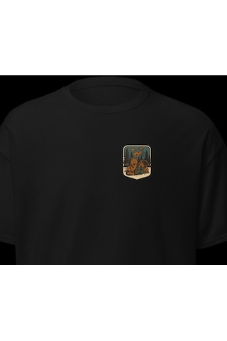 Wildstyle Tilki Renkli Vintage Yaban Hayat Doğa Orman Rozet Baskılı Unisex Bisiklet Yaka Pamuklu Tişört Siyah