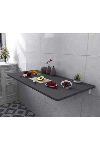 60x110 Cm Antrasit Sabit Raflı Duvara Monte Kırma Katlanır Masa