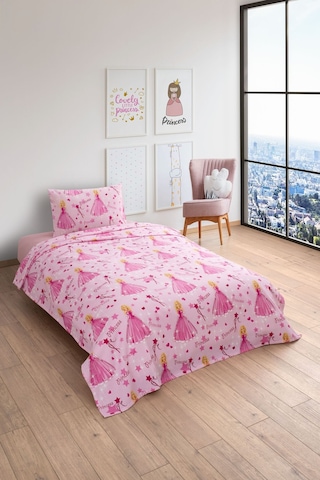 Gofret Detaylı Prenses Baskılı Çocuk-genç Odası Tek Kişilik Pike Pembe