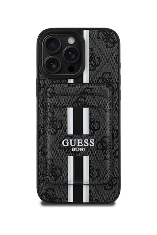 Apple Uyumlu iPhone 15 Pro Max Kılıf Guess Lisanslı Magsafe Özellikli 4g Desenli Çizgili Kartlıklı Kapak Siyah