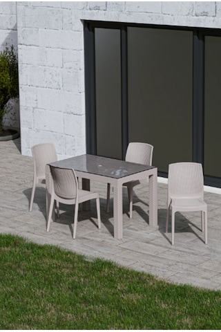 4 Kişilik 70x120 Cm Rattan Masa Takımı Camlı Kapuçino