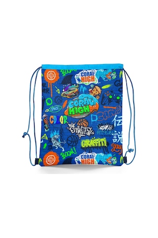 Coral High Kids Saks Grafiti Desenli İpli Büzgülü Sırt Çantası 12651 Saks Mavi