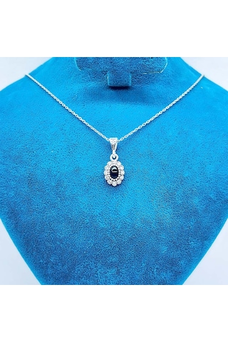 Oval Mini Boy Zirkon Ve Oltu Taşı İşçilikli 925 Ayar Gümüş Kolye Siyah