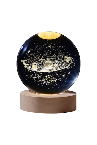 Hombey Güneş Sistemi 3d Lazer Yontma Kristal Top Lambası - 6cm Kristal + Ahşap Tabanlı Usb Akıllı Gece Lambası Şeffaf
