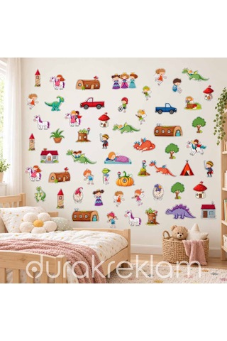 Masal Dünyası Çocuk Odası Duvar Sticker Seti Prenses, Unicorn Ve Ejderha Figürlü, Kokusuz, Silinebilir Folyo Baskes Çok Renkli