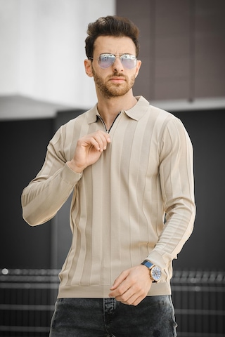 Oksit Vilnius Slim Fit Çizgili Gömlek Yaka Yarım Fermuarlı Erkek Triko 001