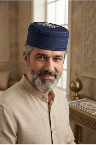 Tezzgelsin Erkek Tuğra Nakışlı Lüks Sırma İşlemeli Osmanlı Namaz Takkesi Lacivert