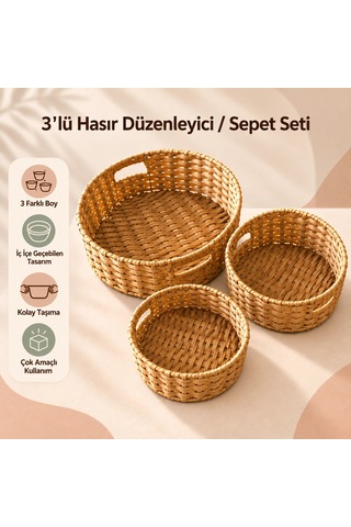 3'lü Hasır Düzenleyici / Sepet Seti Çok Renkli 3'lü Hasır Düzenleyici / Sepet Seti Çok Renkli