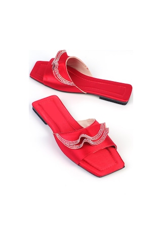 Shoetek Kathleen Kadın Terlik Taşlı Kırmızı Saten Kırmızı