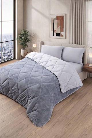 Battal Boy Lüx Wellsoft Çift Taraflı Yorgan Uyku Seti Yorgan+çarşaf+ 2 Adet Yastık Kılıfı Gri