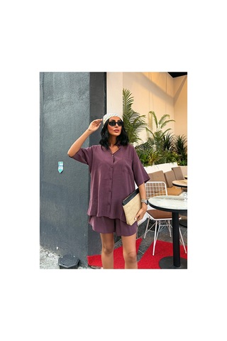 Nido Moda Kadın Cepli Oversize Gömlek Ve Beli Bağcıklı Şort İkili Takım Bordo
