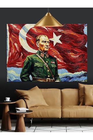 Atatürk Bayrak Portre Dekoratif Kanvas - Mdf Ahşap Tablo