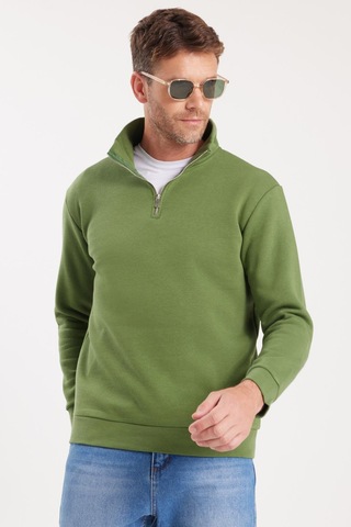Tudors Unisex Relax Fit Rahat Kesim Pamuklu İçi Polarlı Yarım Fermuarlı Yeşil Dik Yaka Sweatshirt-35157 Yeşil