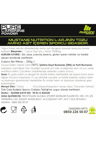 Mustang Nutrition Core+ Pure L-arginine Powder 250 Gr L-arjinin 50 Servis + Shaker + Protein Kahve Hediyeli Aromasız