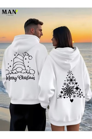 Nevermind Merry Christmas Sevgili Kombini Hoodie Unisex Oversize Kapüşonl Beyaz