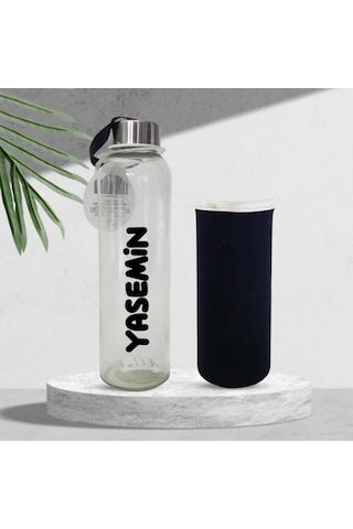 Kişiye Özel Siyah Kılıflı Cam Matara 500 Ml Hk2671