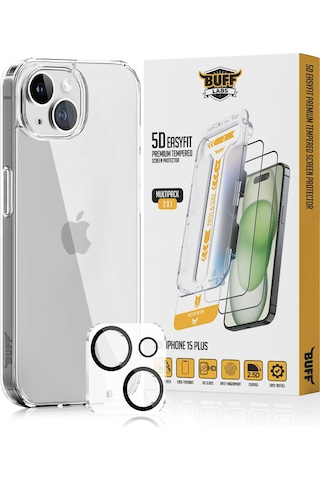 Buff Apple Uyumlu iPhone 15 Plus - Şeffaf Kılıf + Ekran Koruyucu + Lens Koruyucu Glass