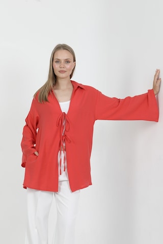 Doğal Viskon Kumaş Cepli Bağcıklı Kadın Kimono 1167 Hafif, Dökümlü, Akışkan, Yazlık Model Kırmızı