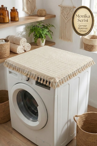 Vintage Püsküllü Çamaşır Makinesi Örtüsü - Çeyizlik Buldan Bezi Dekoratif Banyo Makine Kılıfı Bej