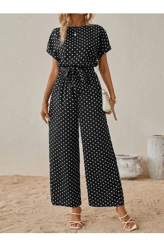 Munn Collection Kadın Kısa Kollu Kayık Yaka Belden Kuşaklı Örme Krep Tulum Siyah