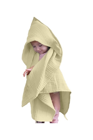 4 Katlı Müslin Kapşonlu Bebek Çocuk Banyo Havlusu Kundak Bej