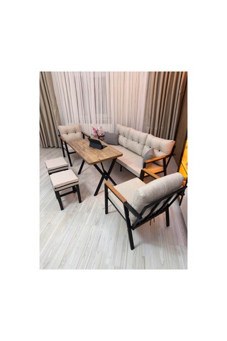Houseart Dora 3 -1 - 1 + Masa + 2 Adet Puf , Balkon, Bahçe, Teras, Cafe - Salon - Metal Kanepe Koltuk Takımı , Çay Seti Krem