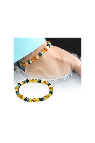 Multicolor Renk Firuze Doğaltaş Süslemeli Natural Form Doğal Damla Kehribar Erkek Bileklik Beyaz - Çok Renkli