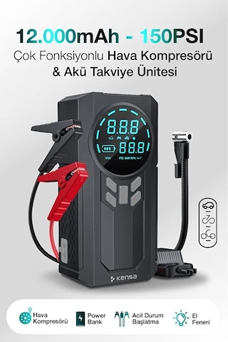 Kensa Taşınabilir Dijital Hava Kompresörü Jump Starter Powerbank Siyah Kensa Taşınabilir Dijital Hava Kompresörü Jump Starter Powerbank Siyah