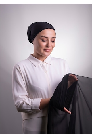 Hürrem Bone Siyah Pratik Hazır Geçmeli Şal Şifon Boru Boneli 3001_01