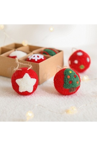 Flybuy Noel Keçe Top Süs Seti - 6 Adet Kar Tanesi Ağaç Desenli Aksesuar Paketi