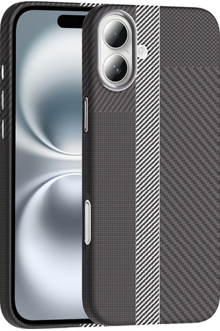 Apple Uyumlu iPhone 16 Kılıf M-safe Şarj Özellikli Karbon Fiber Görünümlü Gros Kapak Gri-Siyah