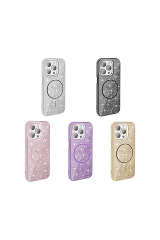 Zore Apple Uyumlu iPhone 15 Pro Max Kılıf Magsafe Şarj Özellikli Parlayan Simli Okso Kapak - P Pembe