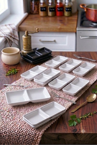 12 Adet Kırılmaz Melamin 2 Bölmeli Sosluk Ve Çerezlik 18 X 9 Cm - Beyaz Beyaz