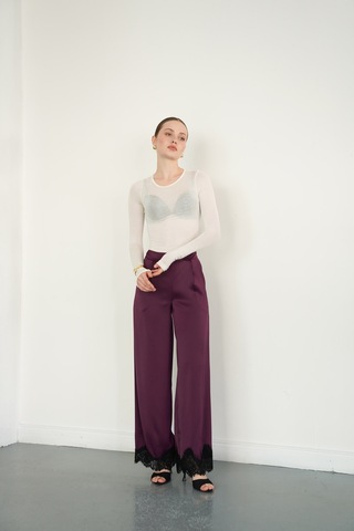 Verymoda Paçası Dantelli Saten Pantolon D2969 Mürdüm
