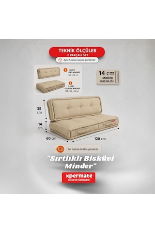 Xpermate Bisküvi Yer Minderi 60x120 Kalın Palet Balkon Petek Önü Fermuarlı Minder Bej