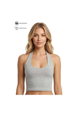 Cottonhıll Gri Melanj Viskon Halter Yaka Sırt Dekolteli Kadın Crop Atlet