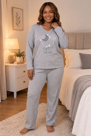 Büyük Beden Kadın Baskılı Kaşkorse Pijama Takımı Açık Gri