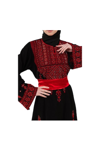 Zaytoon Filistin Nakışlı Modern Siyah Kaftan Elbise - Geleneksel Şıklık Kırmızı