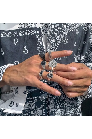 Girift Vintage Yuna 6 Adet Erkek Gothic Punk Gümüş Yüzük Seti Gri