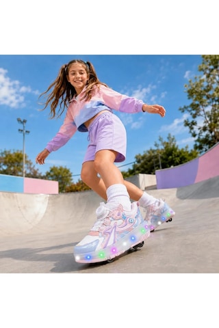 Zacoz Patenli Işıklı 4 Tekerlekli Led Spor Ayakkabı Sneaker Açık Pembe