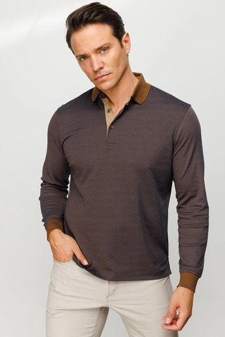 Desen Triko Erkek Polo Yaka Jakarlı Minik Desenli Sweatshirt Kahve Kahve