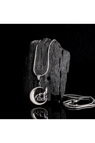 925 Ayar Gümüş Hilal Kurt Model Kolye Ucu 60 Cm Çelik Zincirli Kolye Gri