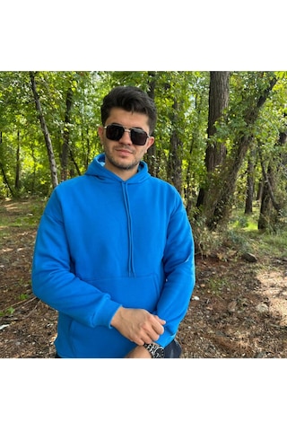 Erkek 3 İplik Basic Oversize Kanguru Cepli Kapüşonlu Sweatshirt Mavi