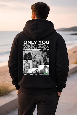 Young Fit Kişiye Özel Ön Ya Da Sırt Baskılı Kapüşomlu Hoodie Unisex Oversize Premium 3 İplik Sweatshirt Black